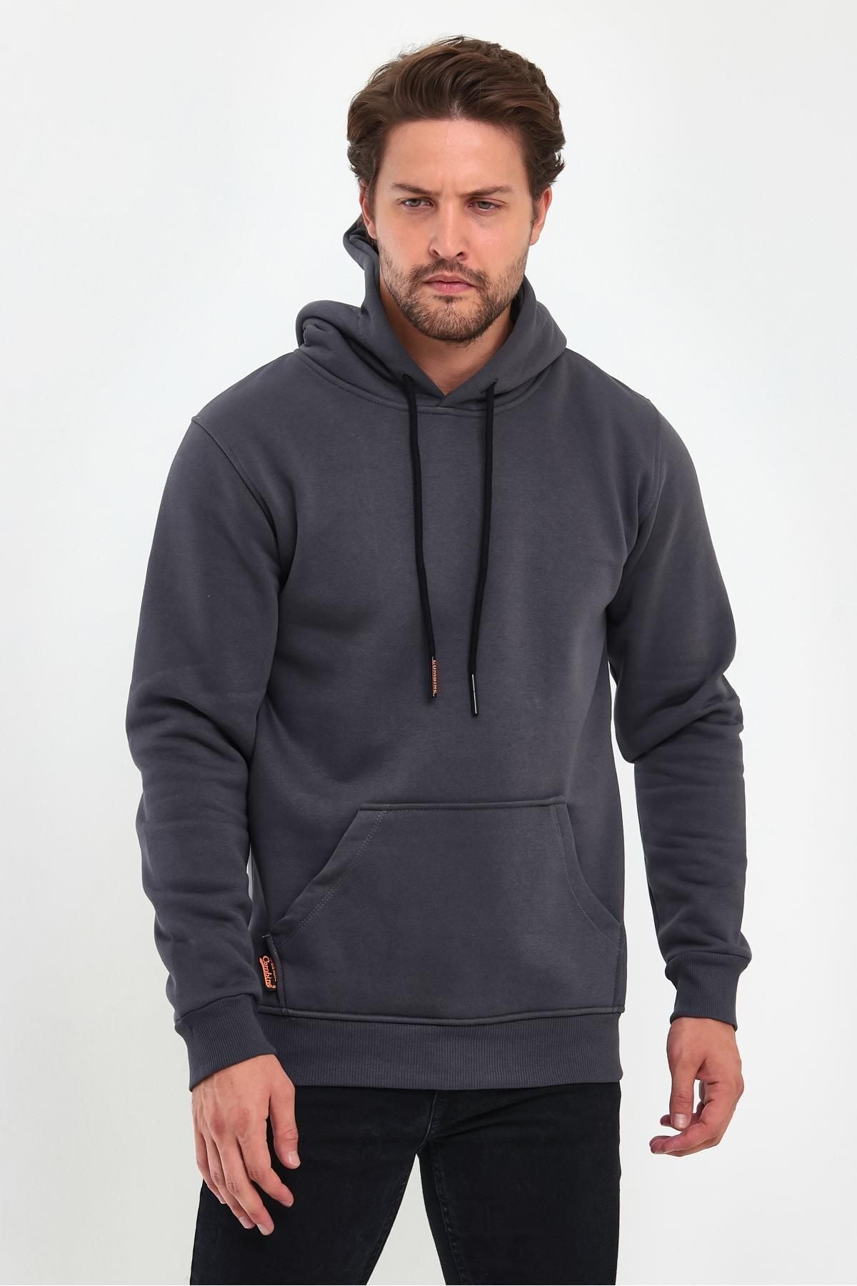 Erkek Kapşonlu Kanguru Cepli̇ 3 İ̇pli̇k Kalin Sweatshi̇rt - Füme - 7