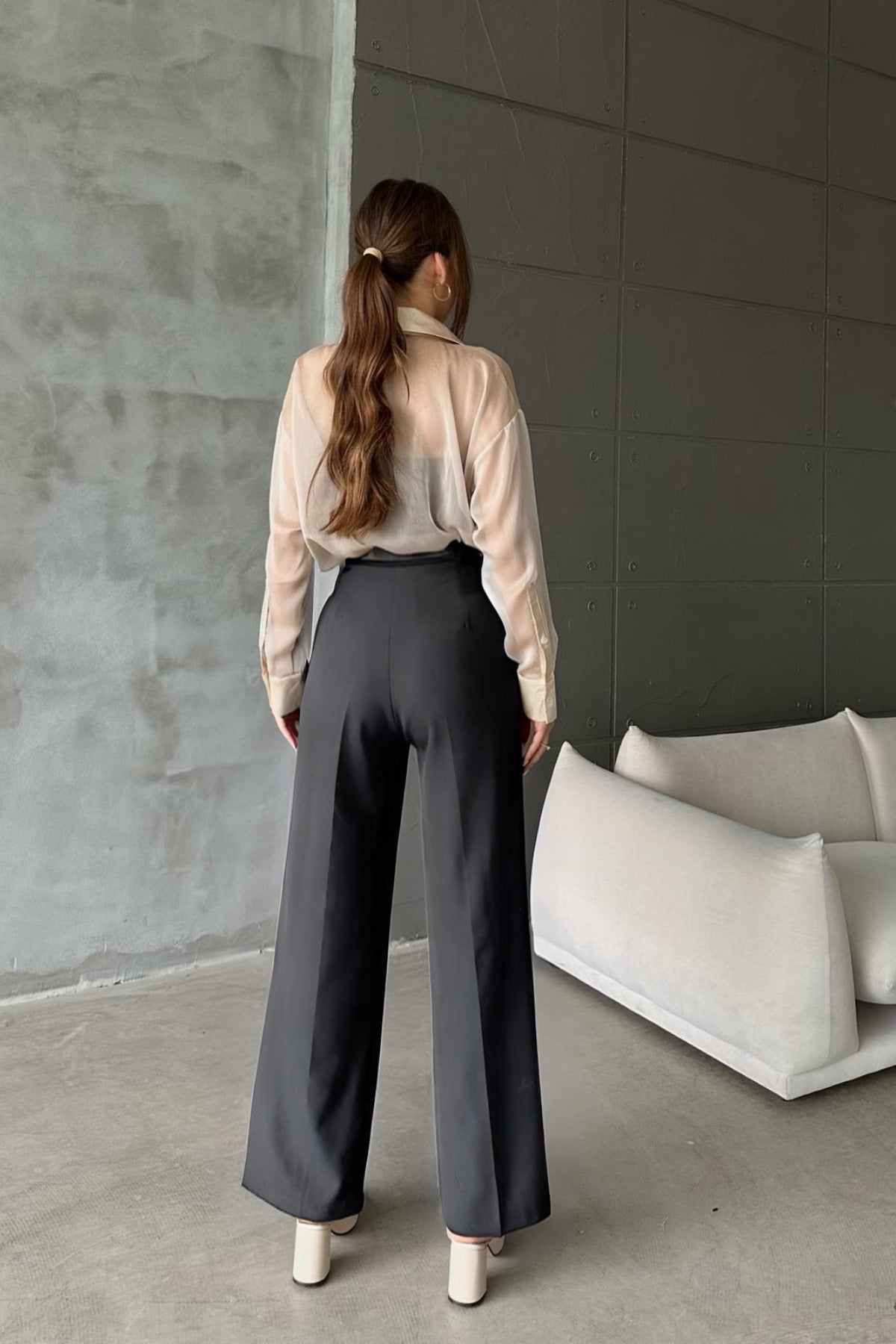 Kadın Yüksek Bel Palazzo Dokuma Kumaş Pantolon - Füme - 3