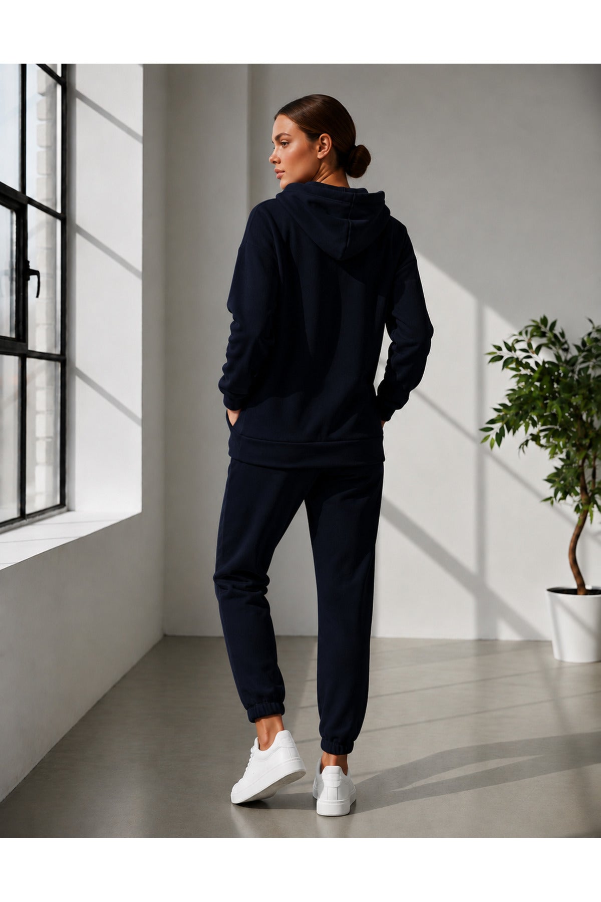 Kadin 3 İ̇pli̇ş Kapüşonlu Fermuarli Sweatshirt Hirka Yüksek Bel Jogger Eşofman Takimi - Lacivert - 4