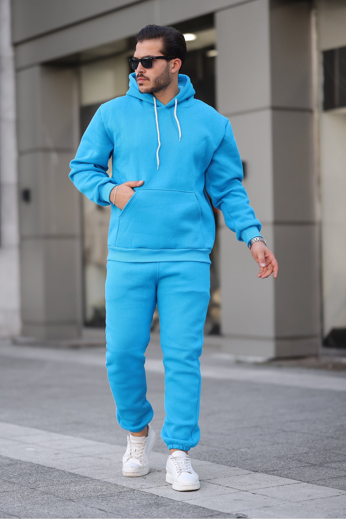 Erkek Bol Oversize 3 İ̇plik İ̇çi Pamuklu Kanguru Cep Kapşonlu Lastikli Paça Jogger Kış Eşofman Takımı - Turkuaz - 1