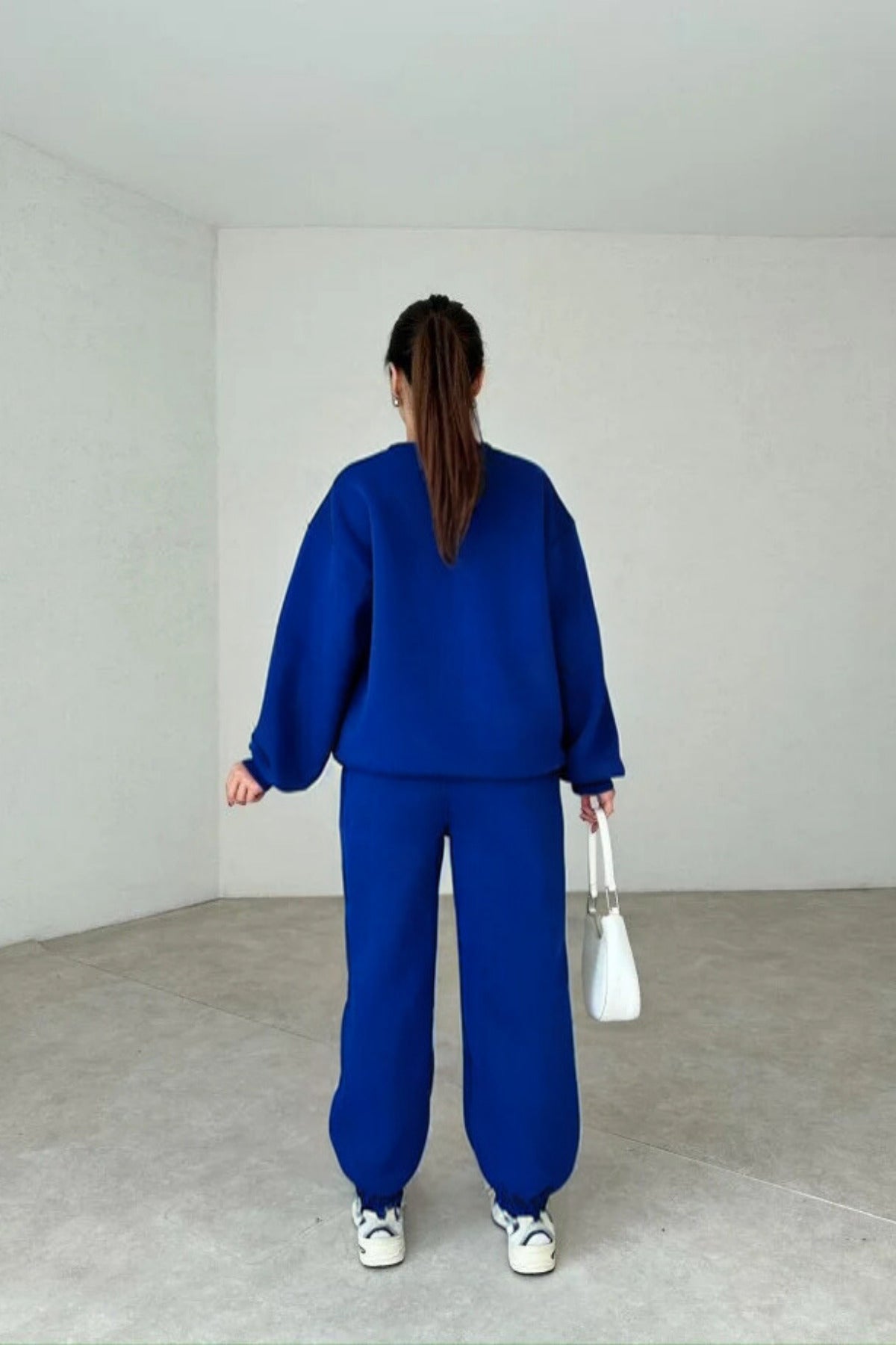 Kadın 3 İ̇plik Oversize Bisiklet Yaka Eşofman Takımı - Saks Mavisi - 2