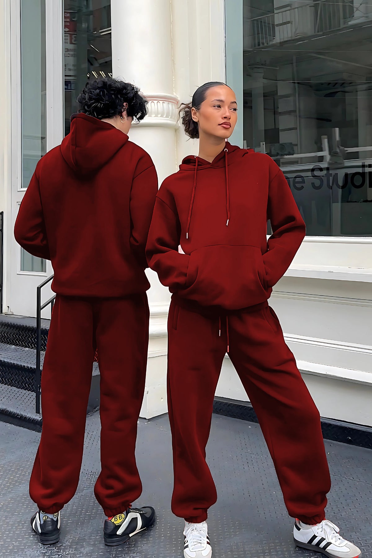 Kadın Erkek Trend Model Çiftlere Özel 3 İ̇plik Oversize Tekli Eşofman Takımı - Bordo - 2