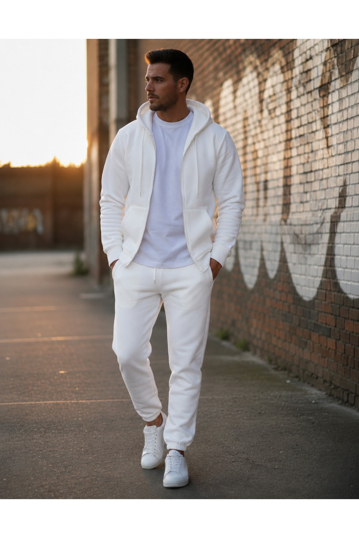 Erkek 3 İ̇pli̇k Fermuarli Kapüşonlu Oversi̇ze Sweatshirt Jogger Eşofman Takimi - Beyaz - 1