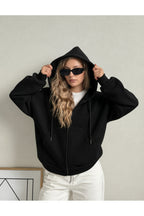 Kadin 3 İ̇pli̇k Kapüşonlu Fermuarli Oversi̇ze Sweatshirt Hirka - Siyah - 4