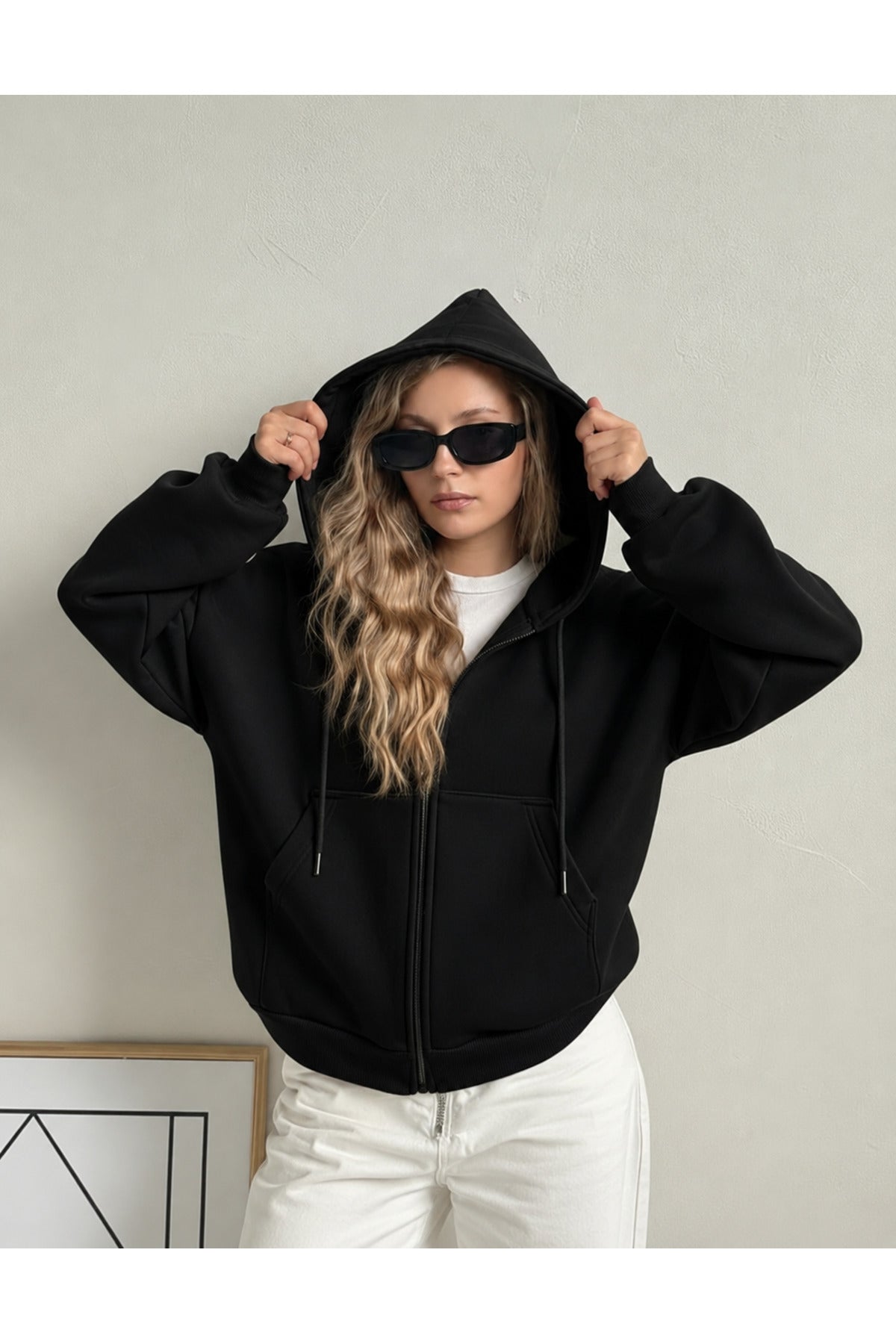 Kadin 3 İ̇pli̇k Kapüşonlu Fermuarli Oversi̇ze Sweatshirt Hirka - Siyah - 4