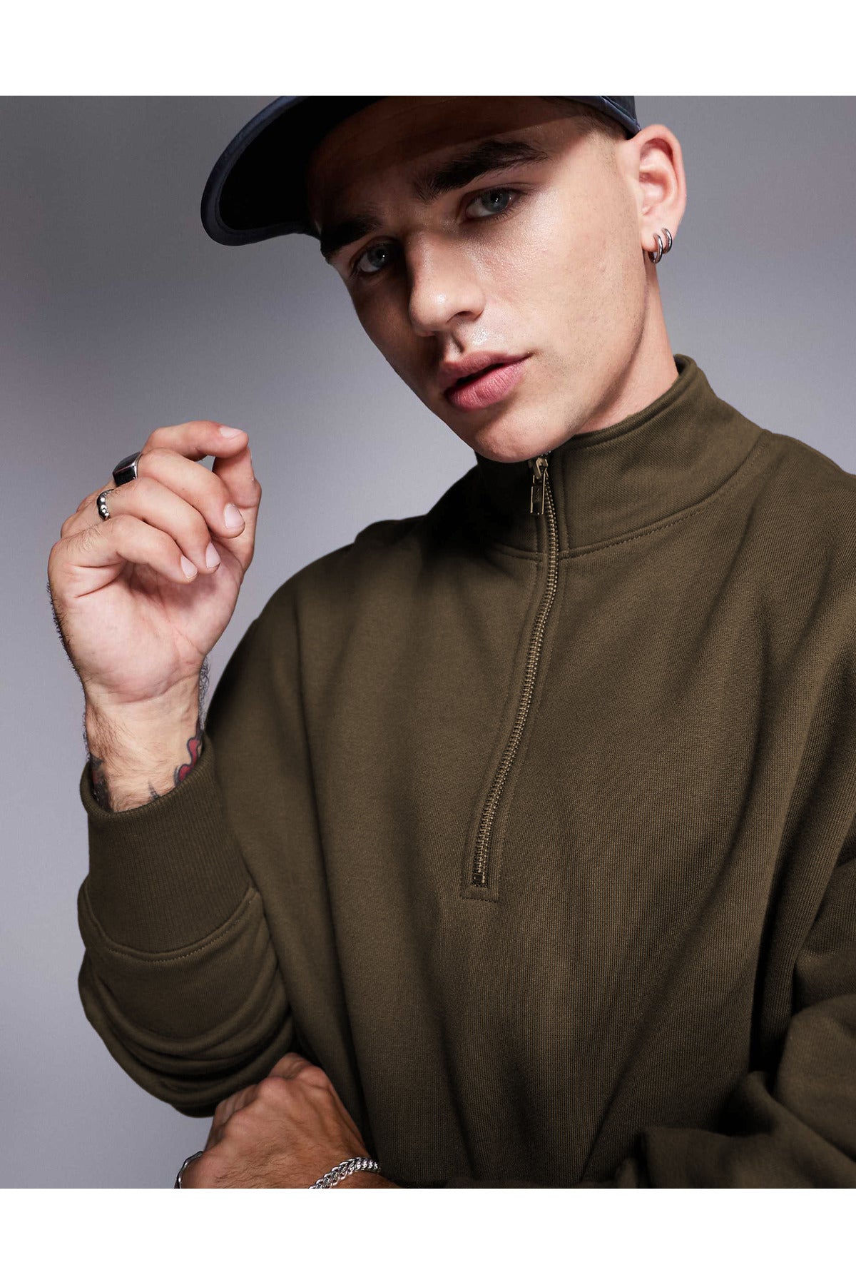 Erkek Yarım Fermuarlı Basic Oversize Dik Yaka Sweatshirt Kazak - Haki - 3