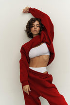 Kadın Oversize Rahat Kalıp Bisiklet Yaka Eşofman Takıım - Kırmızı - 1