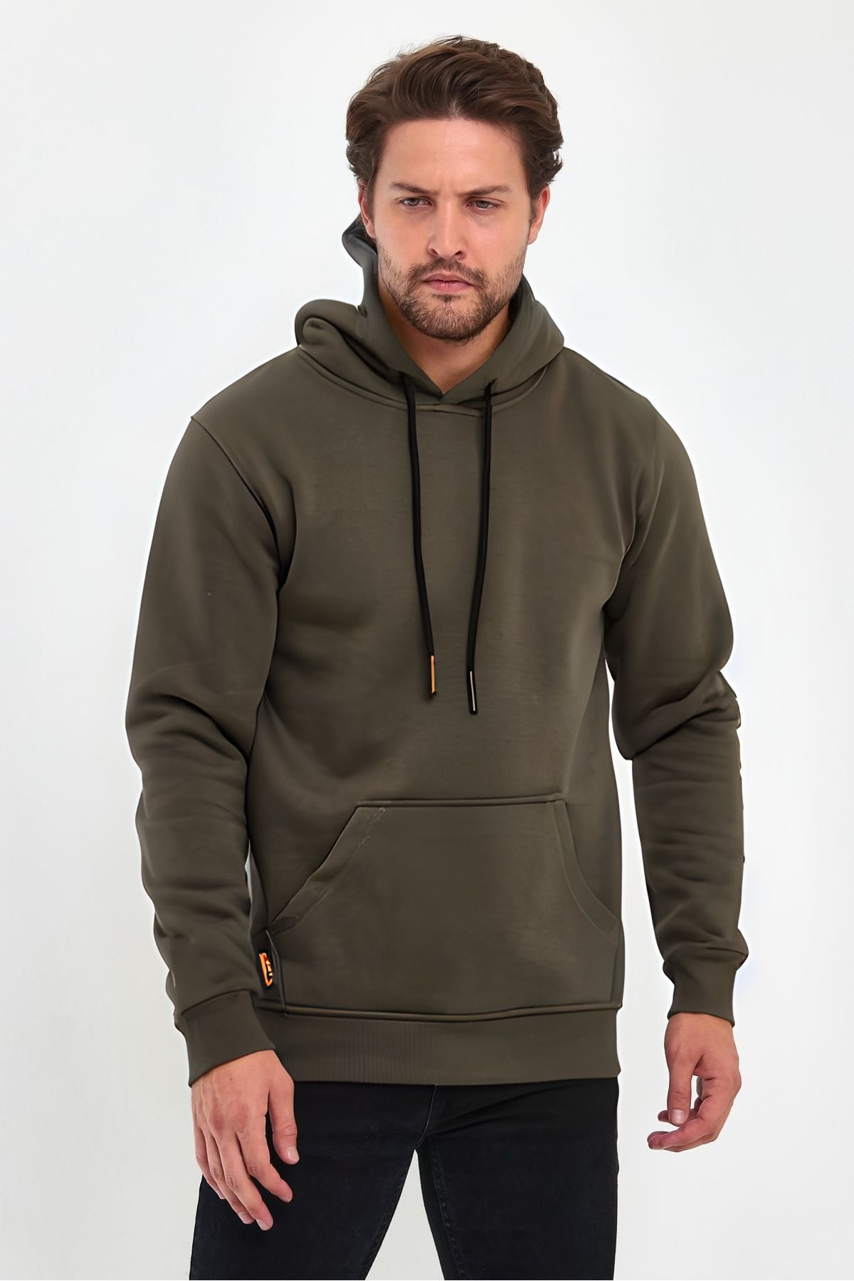 Unisex Basic Haki Hoodie 3 İ̇plik Oversize Kapüşonlu Kangru Cepli Sweatshirt - Haki - 1