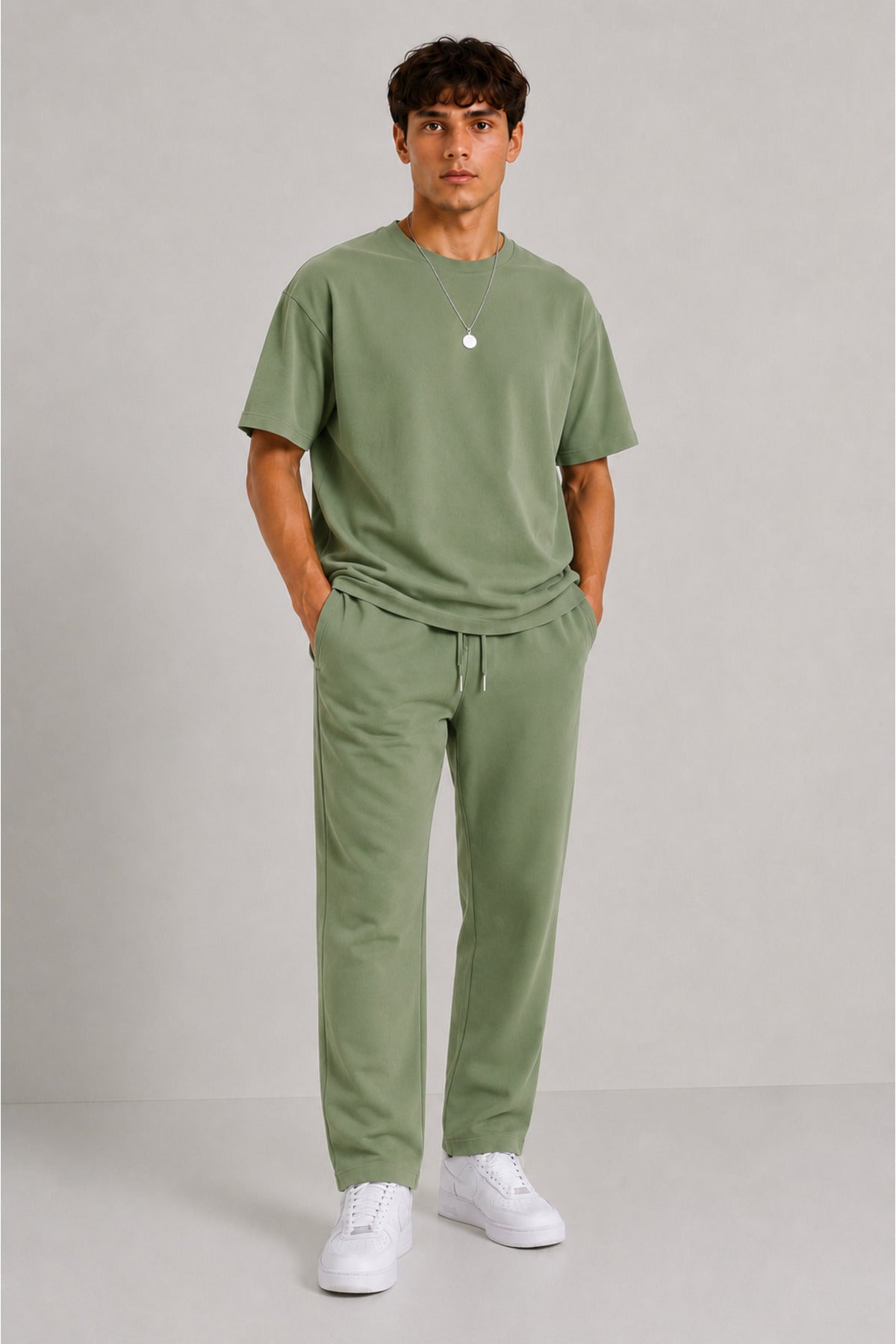 Erkek 2 İ̇plik Oversize Basic Bisiklet Yaka Rahat Kalıp Günlük Eşofman Takımı - Yeşil - 3