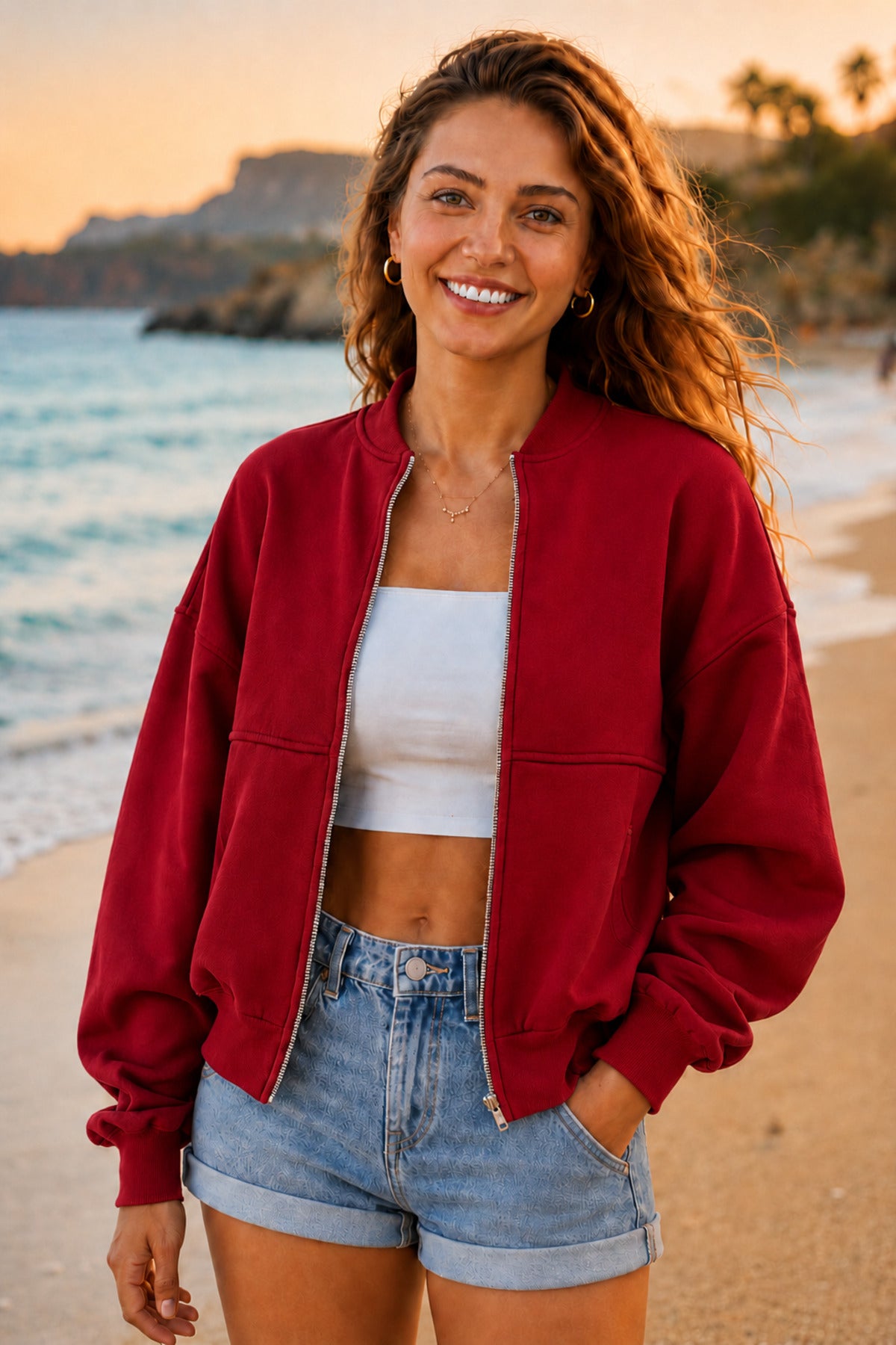 Kadın Oversize Fermuarlı Çıma Desenli Yeni Sezon Trend Bomber Ceket - Kırmızı - 1