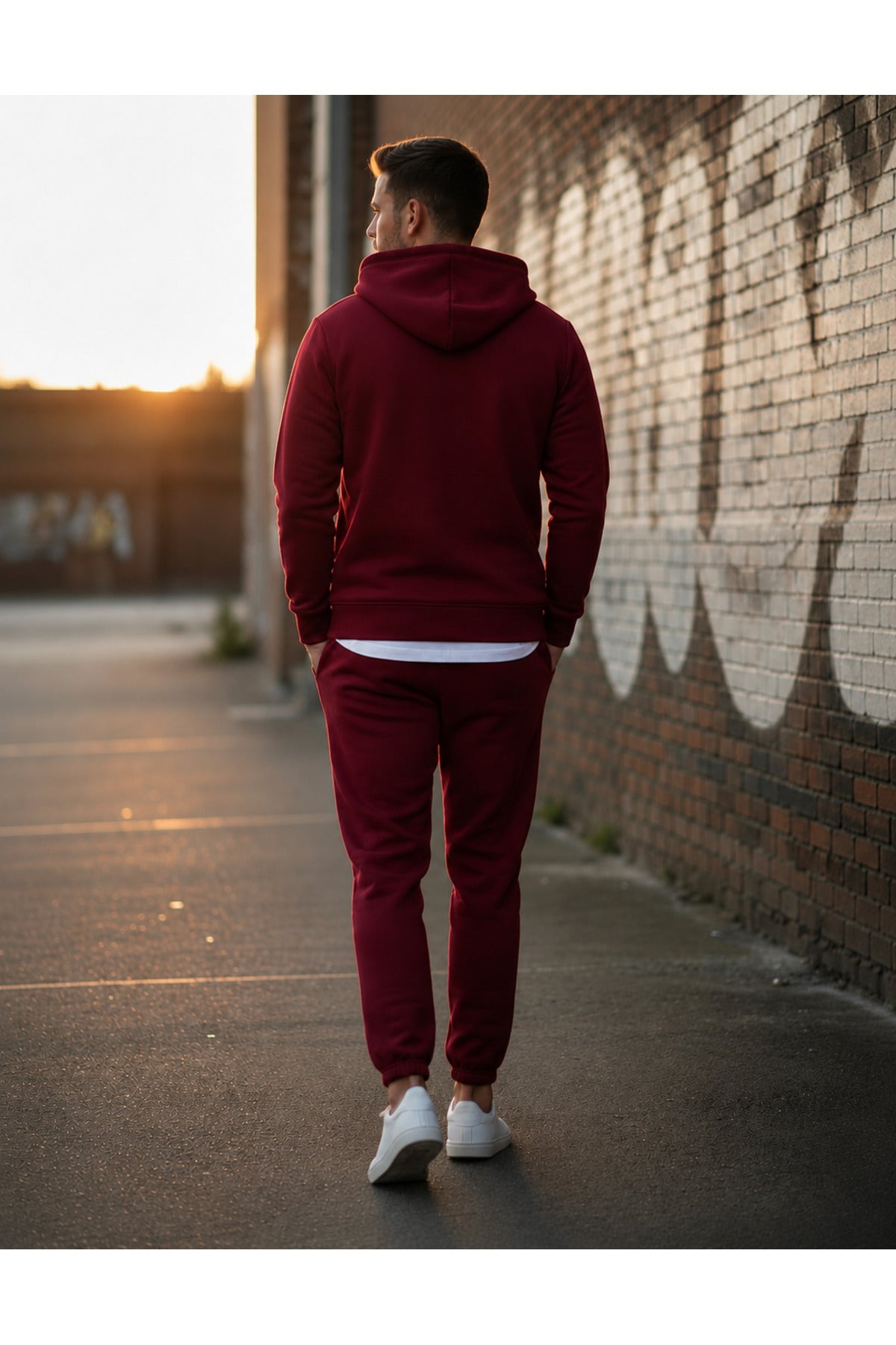 Erkek 3 İ̇pli̇k Fermuarli Kapüşonlu Oversi̇ze Sweatshirt Jogger Eşofman Takimi - Bordo - 4