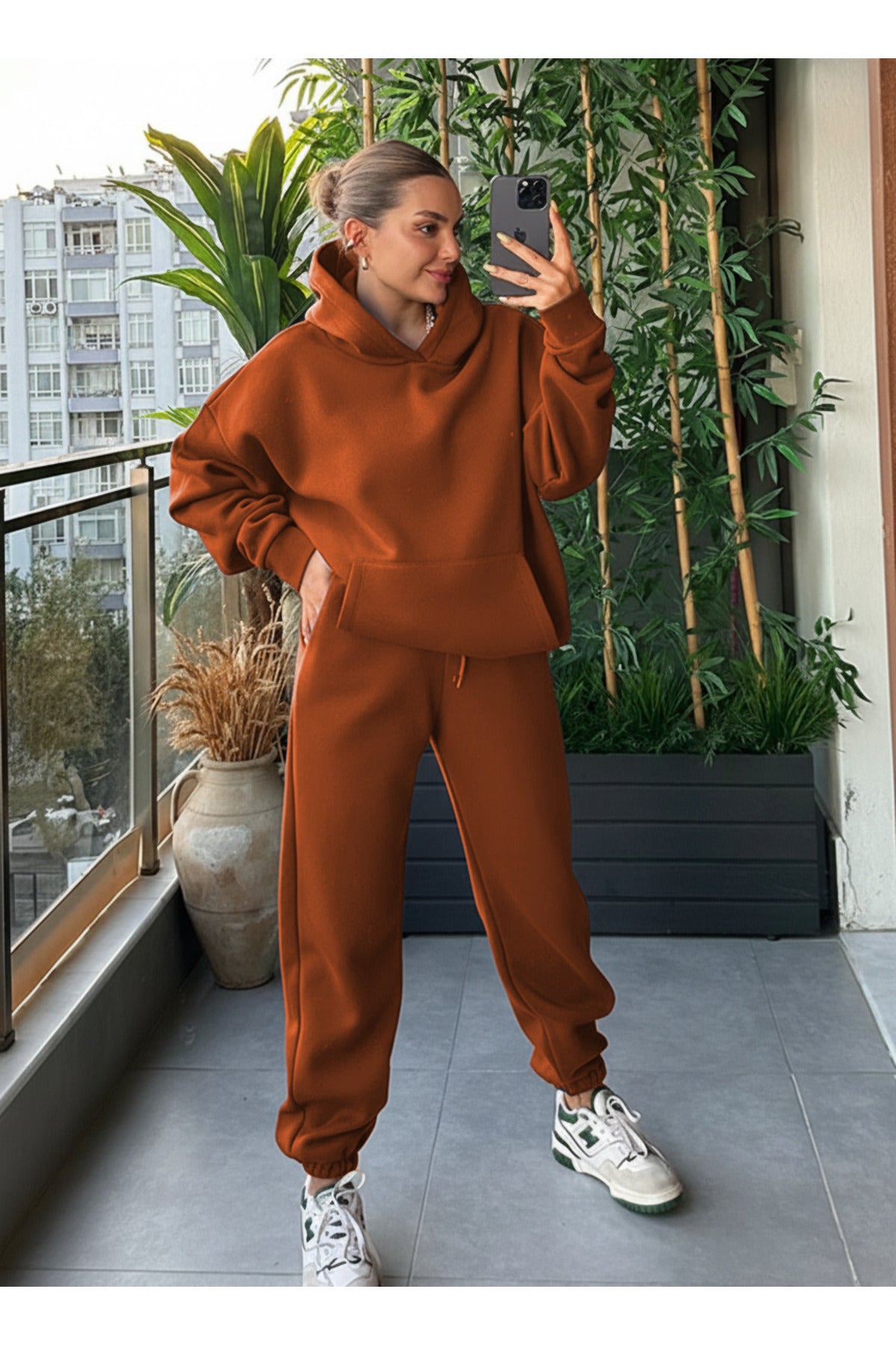 Kadin Kalin Comfort Sweatshi̇rt Yüksek Bel Eşofman Takimi - Kiremit - 2