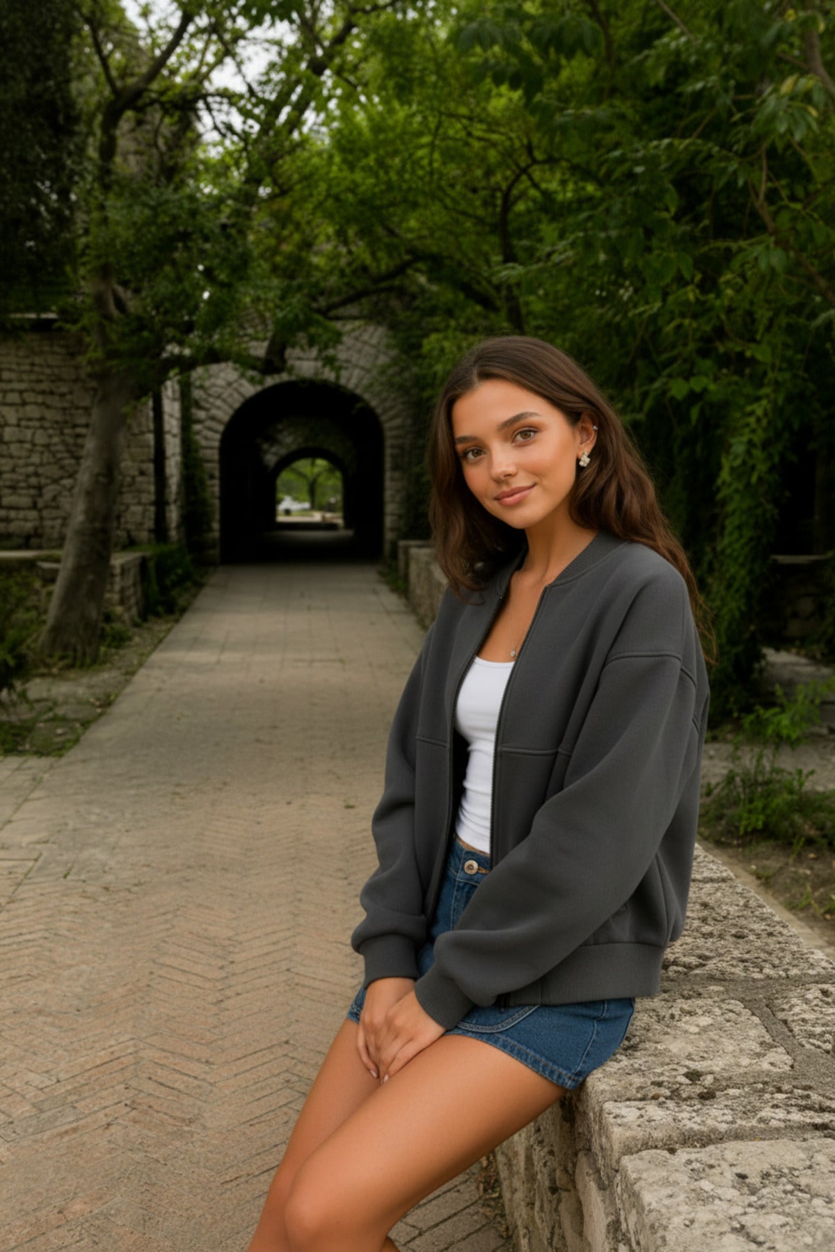 Kadın Oversıze Fermuar Detaylı Şık Mevsimlik Basic Bomber Ceket - Füme - 5