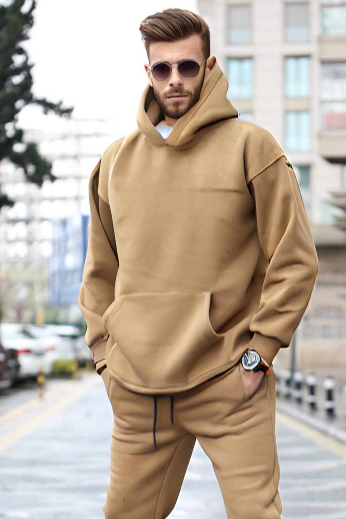 Erkek 3 İplik Kapşonlu Yaka Kalın Sweatshirt Pamuklu - Vizon - 2