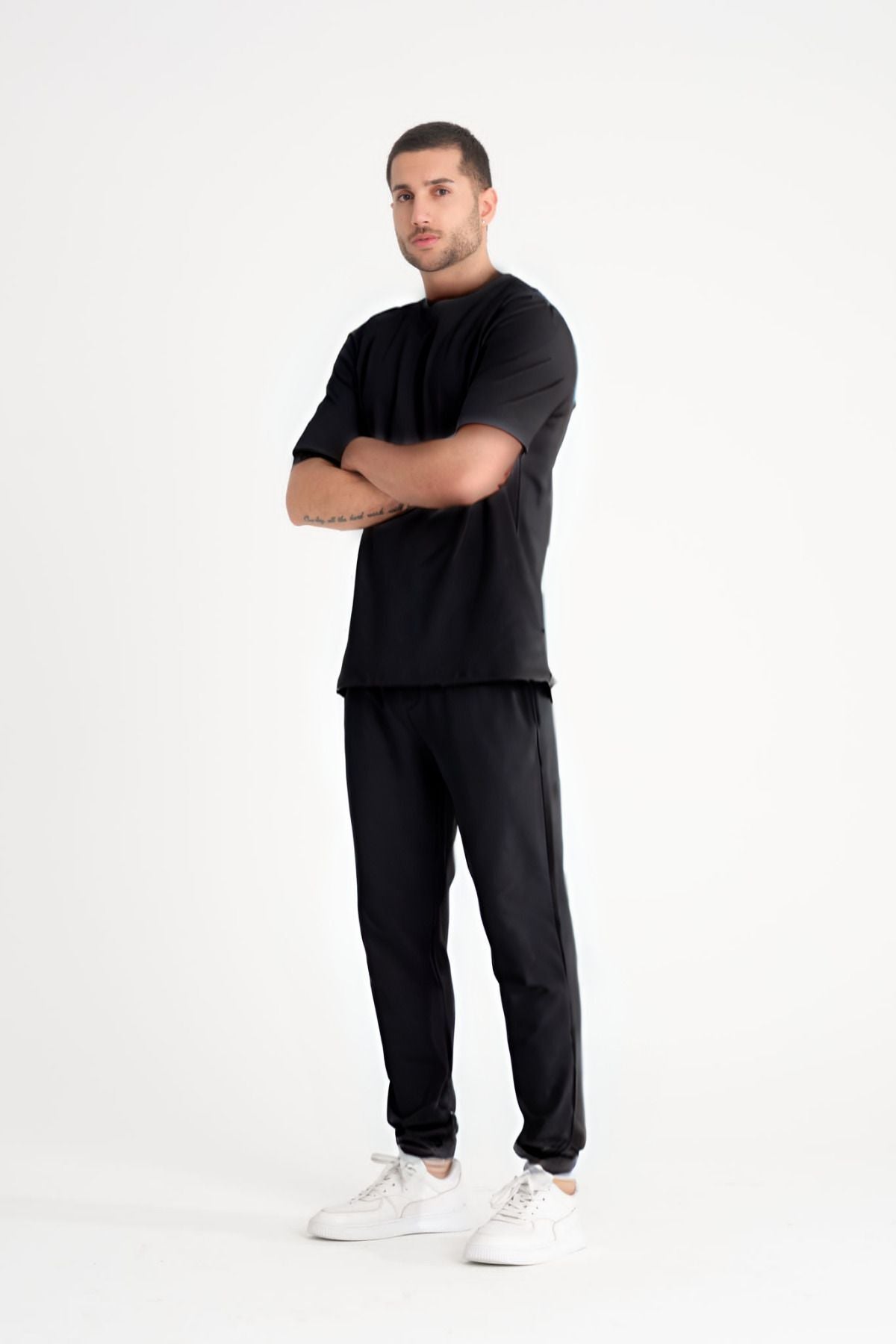 Erkek Kısa Kollu Pijama Takımı Bisiklet Yaka Oversize - Siyah - 1