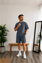 Erkek Oversize Basic Tişört Şort Takım Günlük Kısa Kollu Yazlık Eşofman Takımı - Füme - 3