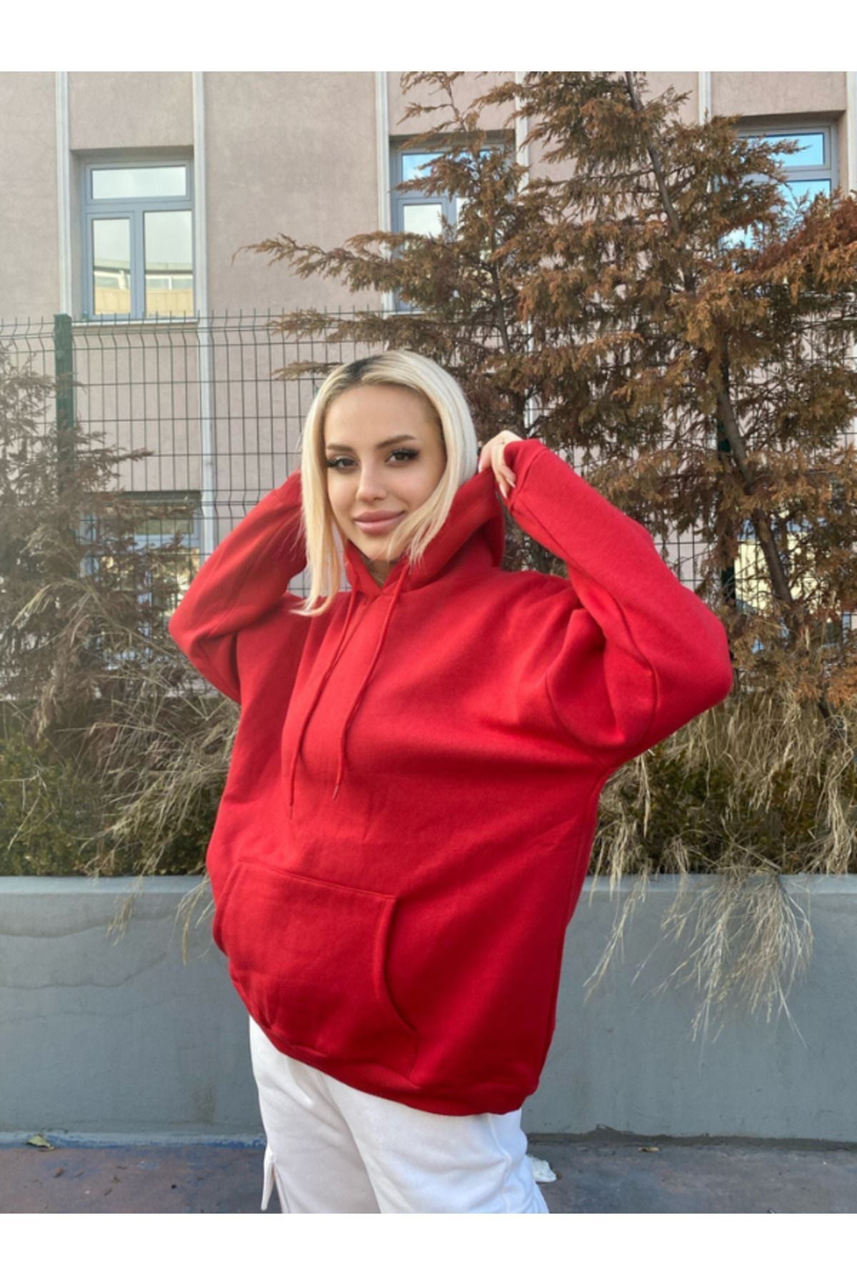 Kadın Kırmızı Hoodie Sweatshirt Kapşonlu 3 İplik Puf 248-1 - Kırmızı - 2