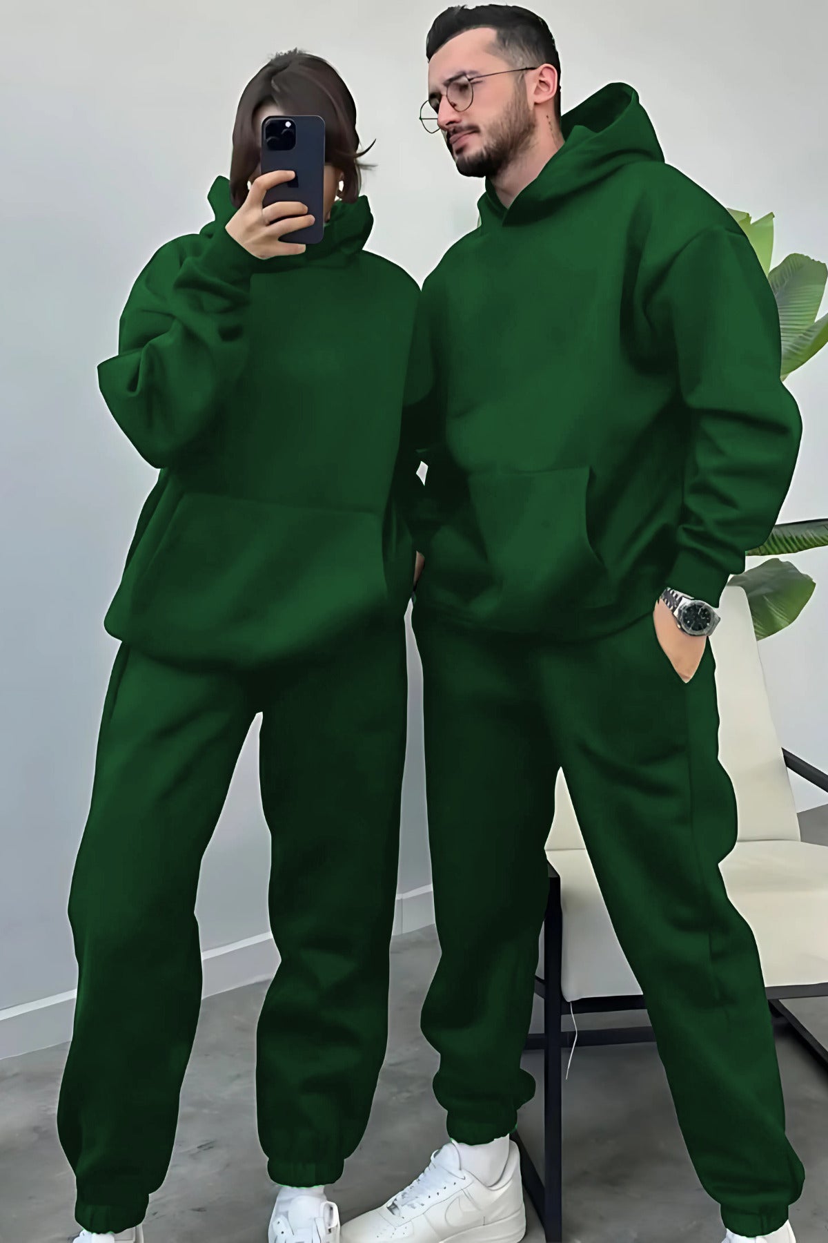 Kadın Erkek Trend Model Çiftlere Özel 3 İplik Oversize Kışlık Kalın Eşofman Takımı (tekli̇) - Koyu Yeşil - 2