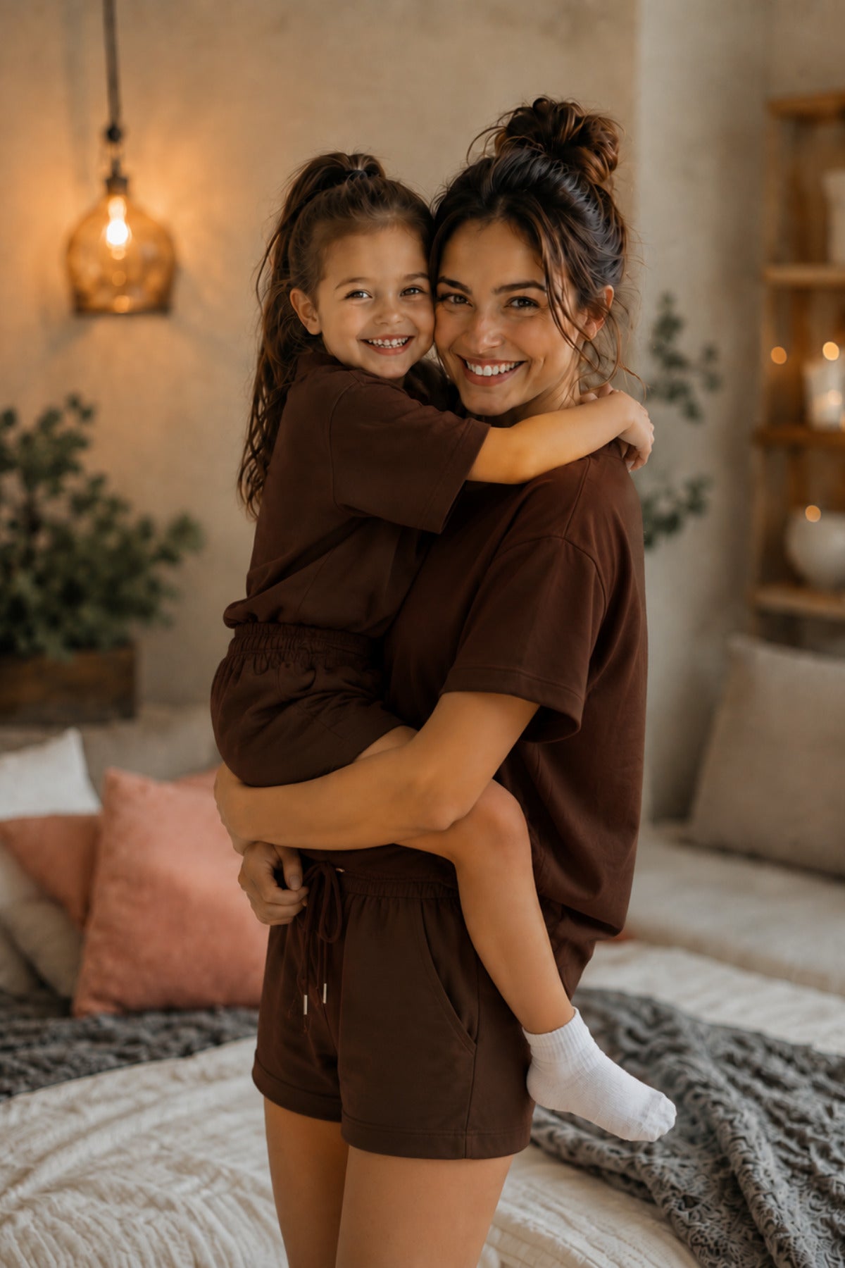 Anne Çocuk Kisa Kollu Oversize Esnek Rahat Beli̇ Bağcikli Modern Kesi̇m Trend Yazlik Günlük Alt Üst Takim - Kahverengi - 1