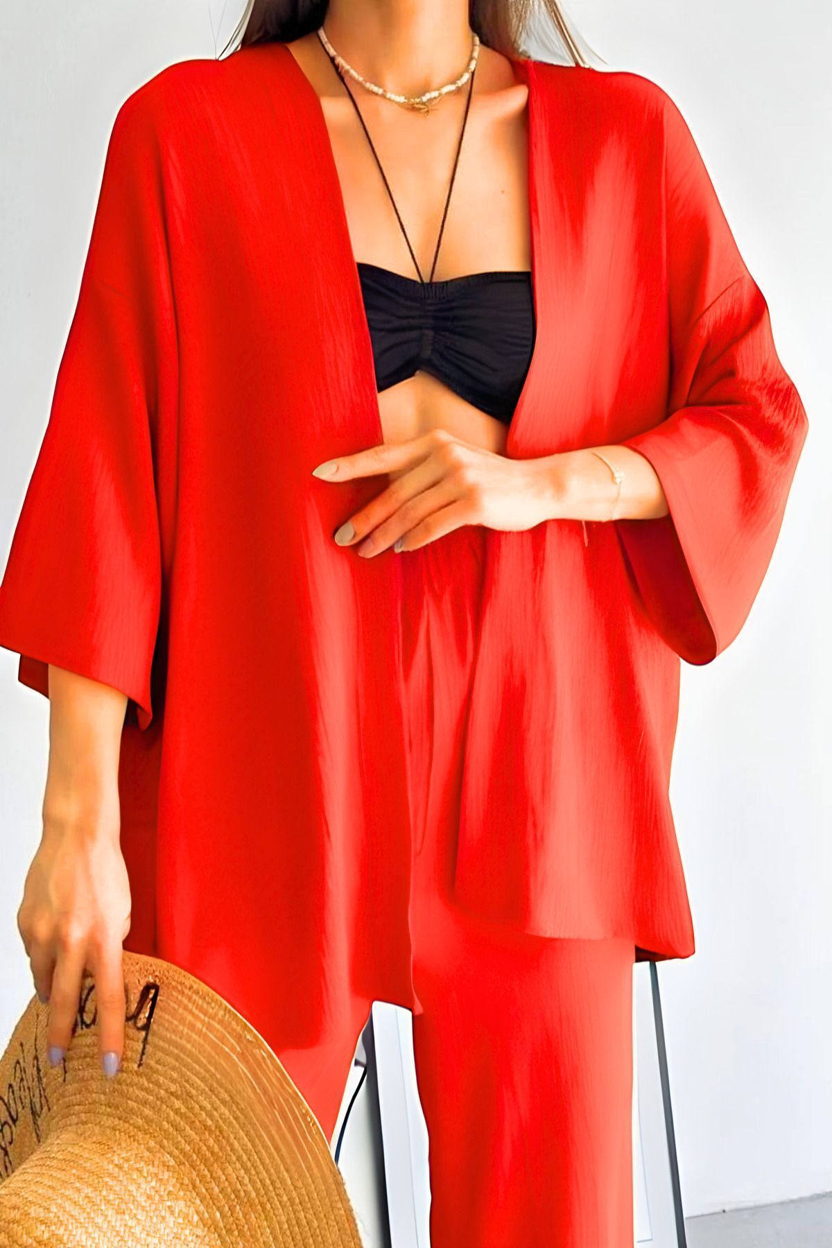 Kadın Bol Paça Kimono Alt Üst Takım - Kiremit - 2