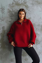 Unisex 3 İ̇plik Oversize Şardonlu Yarım Fermuarlı Swetshirt - Bordo - 1