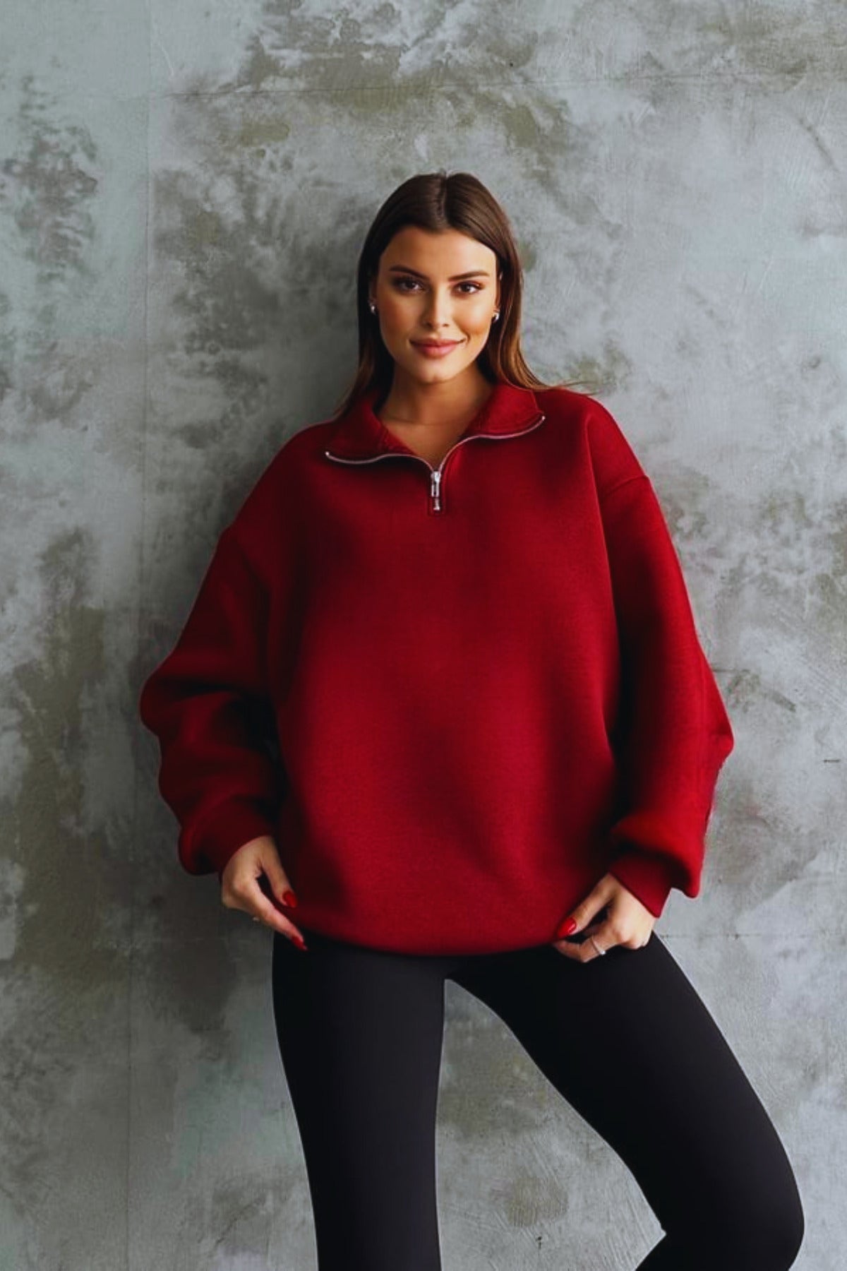 Unisex 3 İ̇plik Oversize Şardonlu Yarım Fermuarlı Swetshirt - Bordo - 1