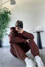 Kadın Oversize Trend Model Kanguru Cep Kapşonlu Sweatshirt Eşofman Takımı - Kahverengi - 5