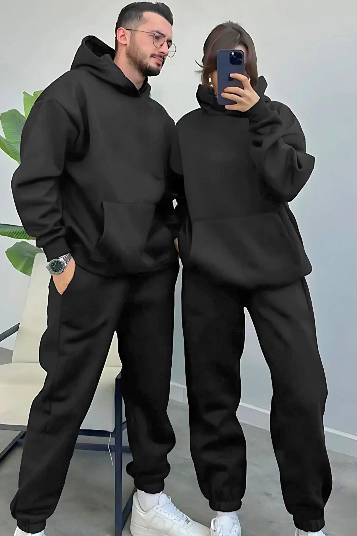 Kadın Erkek Trend Model Çiftlere Özel 3 İplik Oversize Kışlık Kalın Eşofman Takımı (tekli̇) - Black - 2