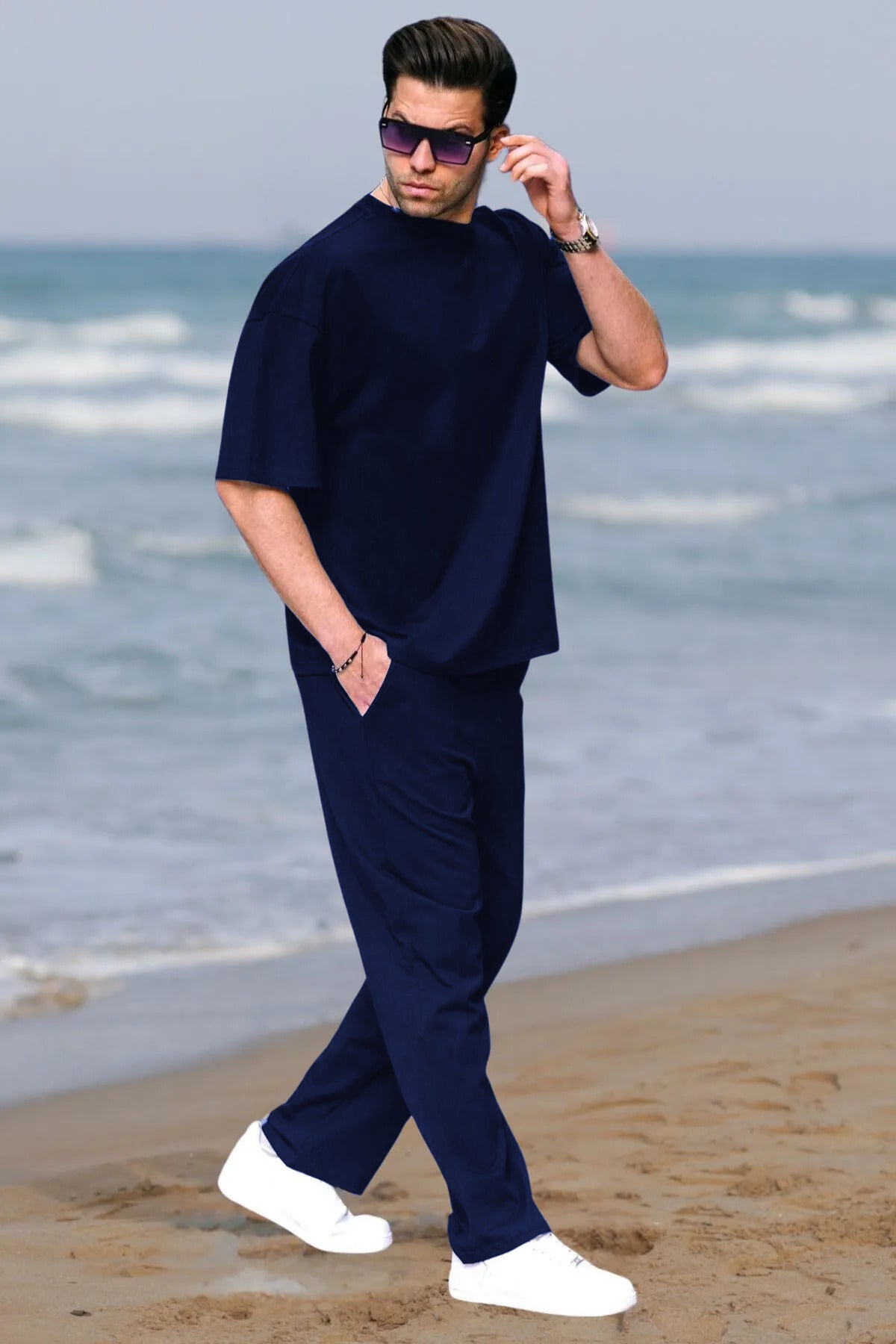 Erkek Lacivert Oversize Kısa Kollu Yazlık Eşofman Takımı - Navy Blue - 2