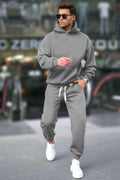 Kapşonlu 3 İ̇plik Şardonlu Rahat Kesim Kışlık Hoodie Eşofman Takımı - Gri - 1
