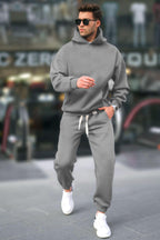 Kapşonlu 3 İ̇plik Şardonlu Rahat Kesim Kışlık Hoodie Eşofman Takımı - Gri - 1