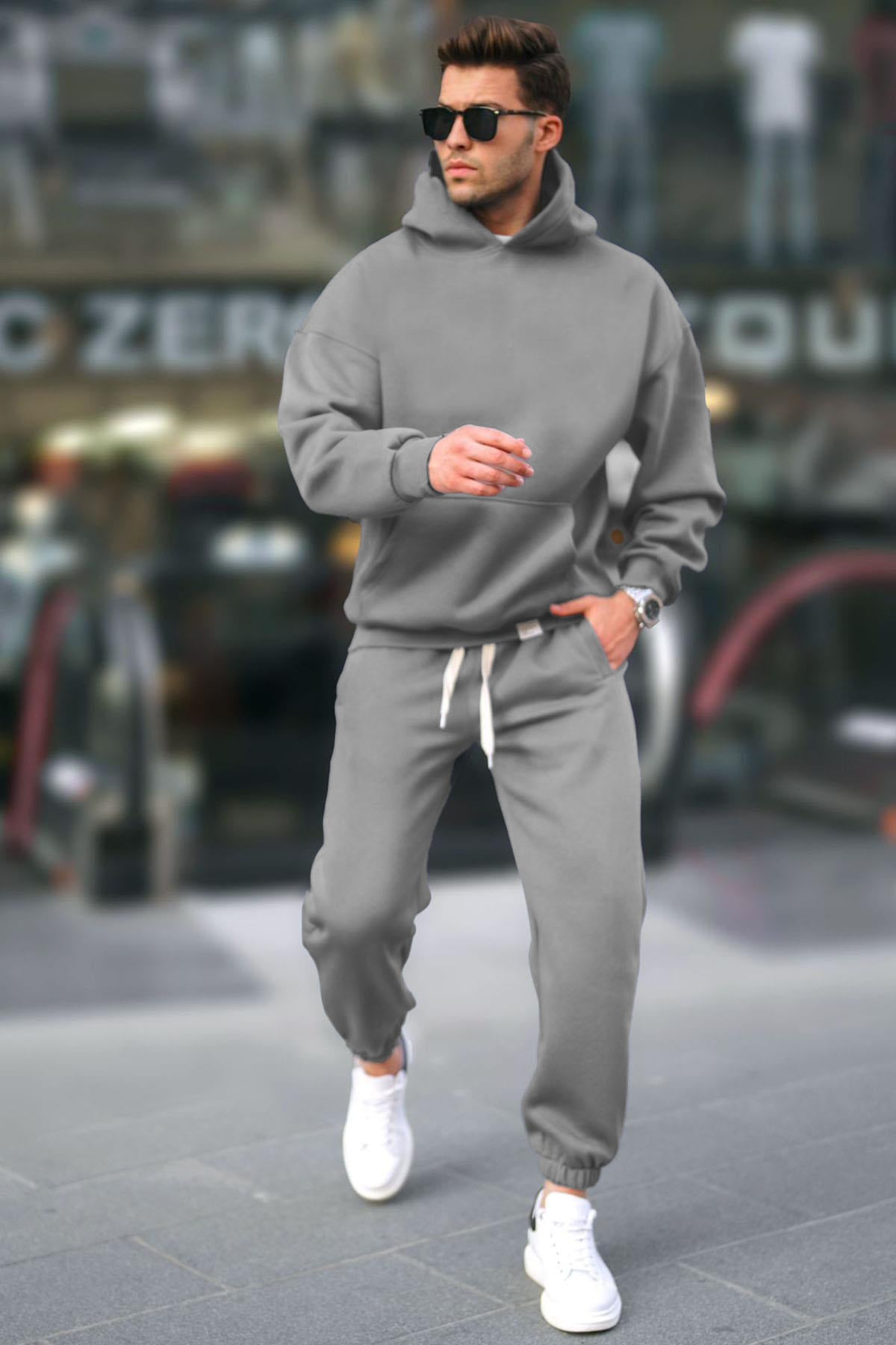 Kapşonlu 3 İ̇plik Şardonlu Rahat Kesim Kışlık Hoodie Eşofman Takımı - Gri - 1