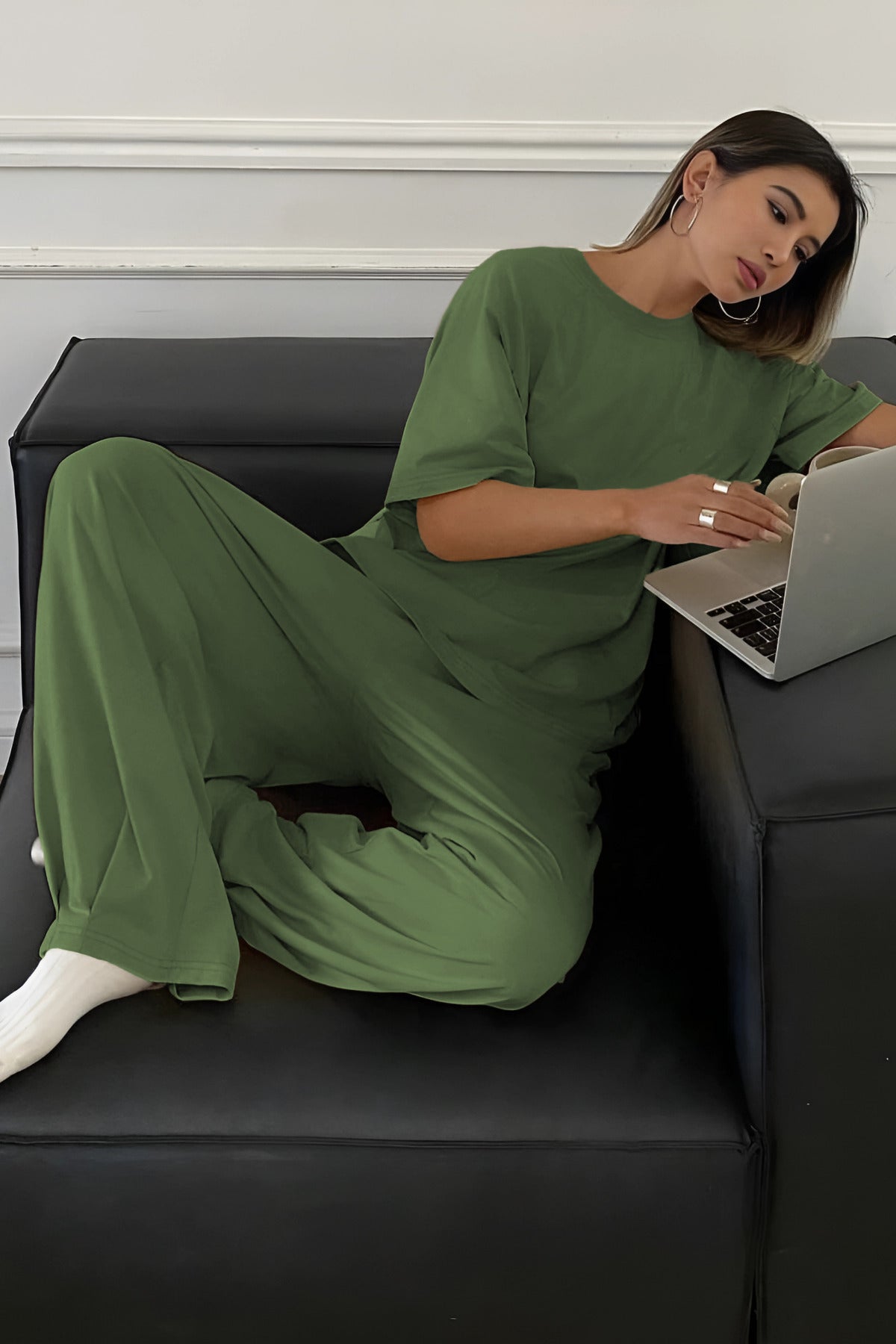Kadın Bisiklet Yaka Yazlık Kısa Kollu Pijama Takımı - Yeşil - 1