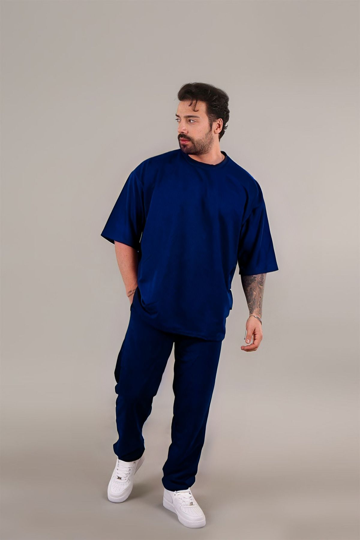 Erkek Lacivert Batik Oversize Kısa Kollu T-shirt Pijama Takımı - Lacivert - 3