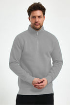 Erkek Yarım Fermuar Dik Yaka Uzun Kollu 3 İ̇plik Sweatshirt - Gri - 3