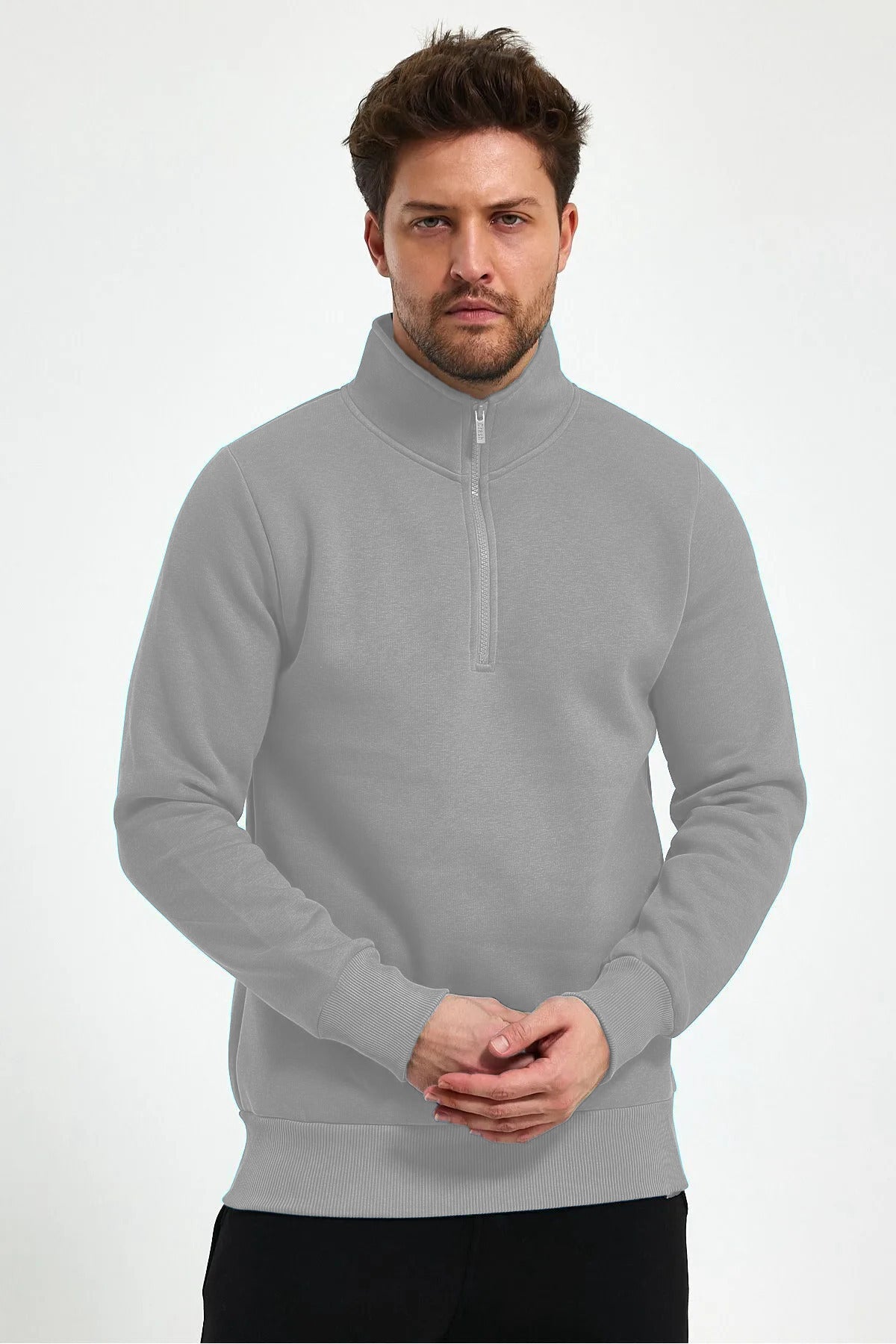 Erkek Yarım Fermuar Dik Yaka Uzun Kollu 3 İ̇plik Sweatshirt - Gri - 3