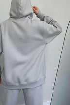 Kadın Oversize Trend Model Kanguru Cep Kapşonlu Sweatshirt Eşofman Takımı - Gri Melanj - 4