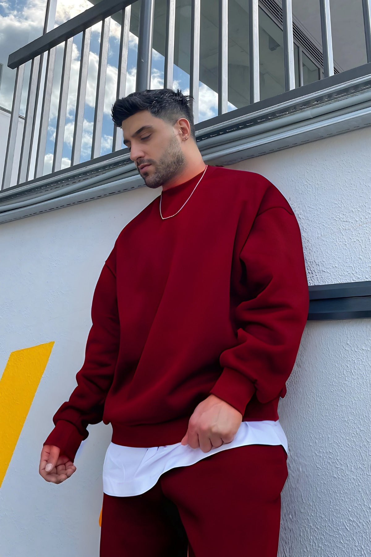 Oversize Pamuklu Kalın Bisikletyaka Eşofman Takımı - Bordo - 5