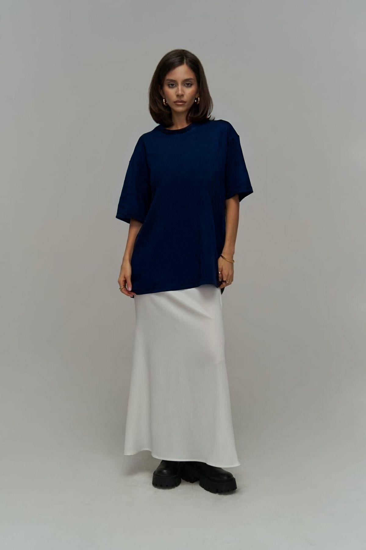 Kadın Lacivert Batik Oversize Kısa Kollu Cool T-shirt - Lacivert - 4