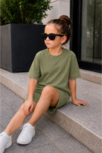 Çocuk Unisex Kisa Kollu Oversize Günlük Kullanima Uygun Li̇krali Beli̇ Bağlamali Rahat Kesi̇m Basic Yazlik Şortlu İ̇ki̇li̇ Takim - Yeşil - 3