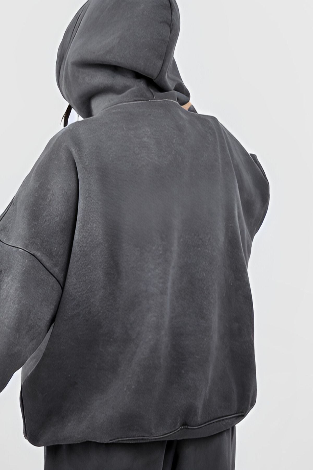 Kadın 3 İ̇plik Kanguru Cep Kapşonlu Hoodie Paçası Lastikli Kalın Eşofman Takımı - Füme - 2