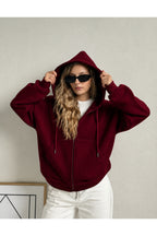 Kadin 3 İ̇pli̇k Kapüşonlu Fermuarli Oversi̇ze Sweatshirt Hirka - Bordo - 4