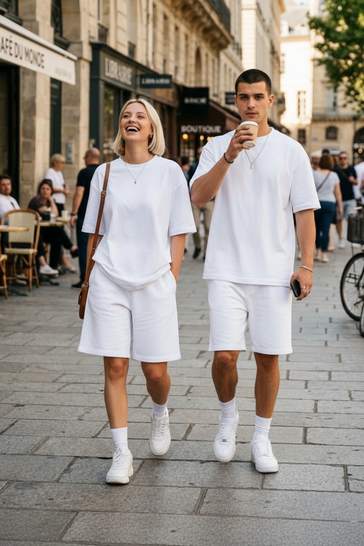 Unisex Kadin Erkek Çi̇ft Kullanimina Uygun Oversi̇ze Kisa Kollu Şort Takim (tek Adet ) - Beyaz - 2