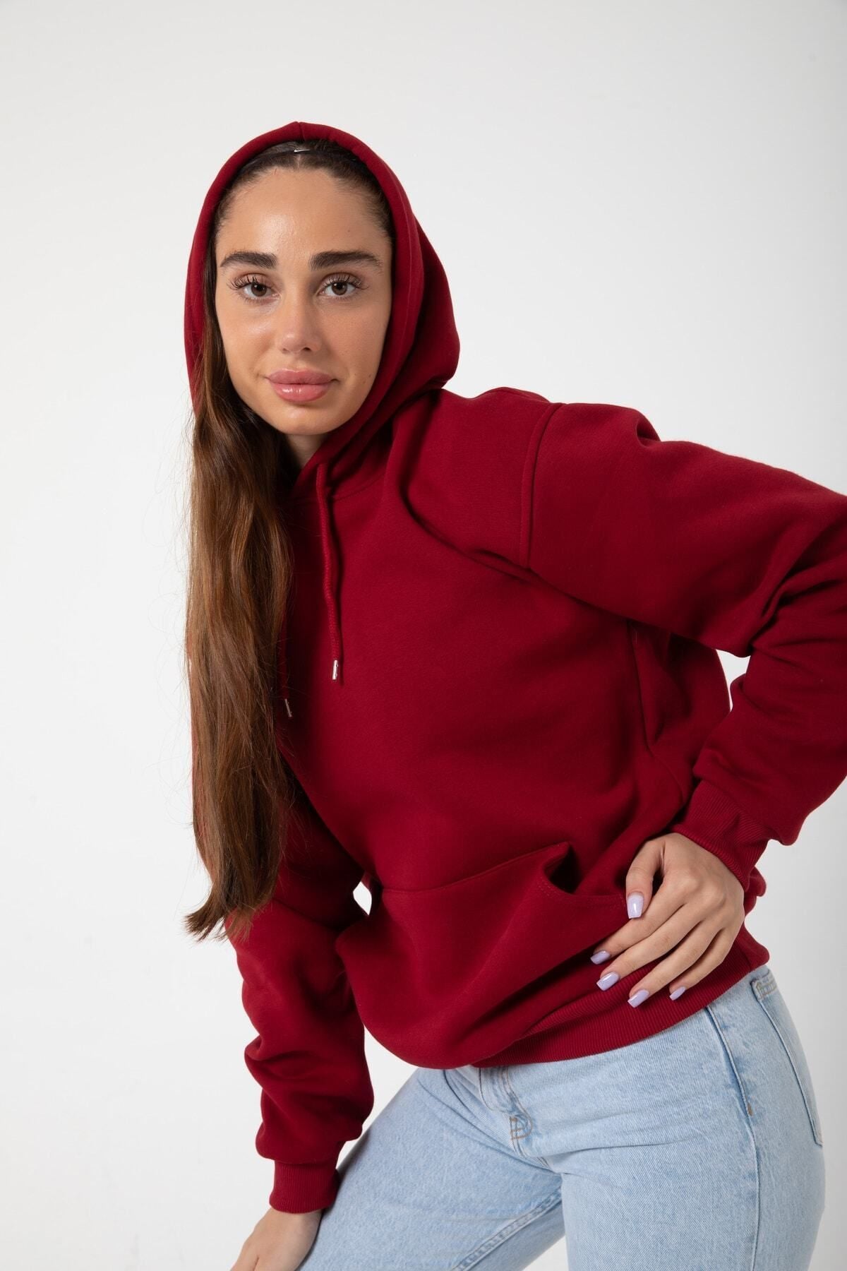 Kadin 3 İ̇pli̇k Kapşonlu Kanguru Cep 3 İ̇pli̇k Sweatshi̇rt - Bordo - 1