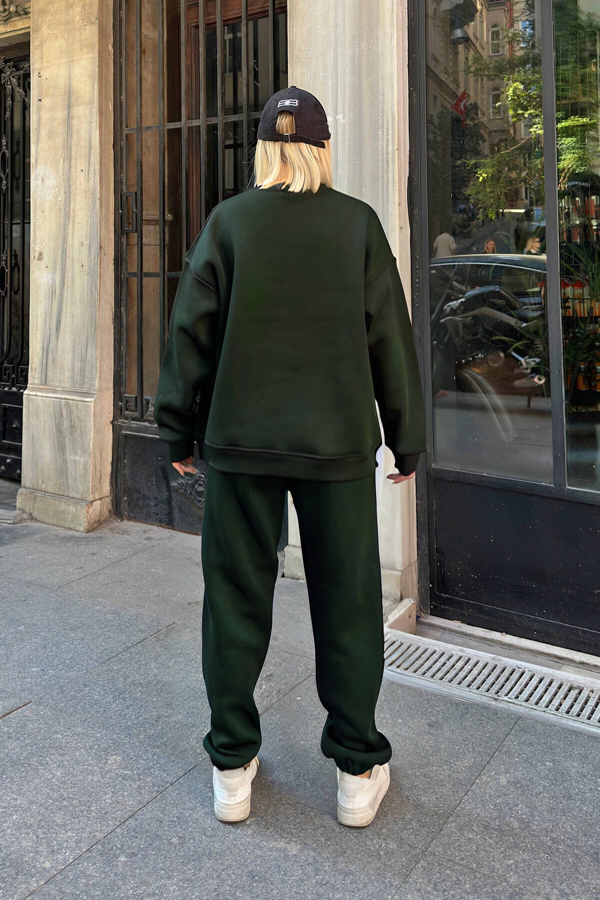 Kadın Oversize Puf Geniş Kalıp Basic Pamuklu Mevsimlik Rahat Eşofman Takımı - Koyu Yeşil - 3