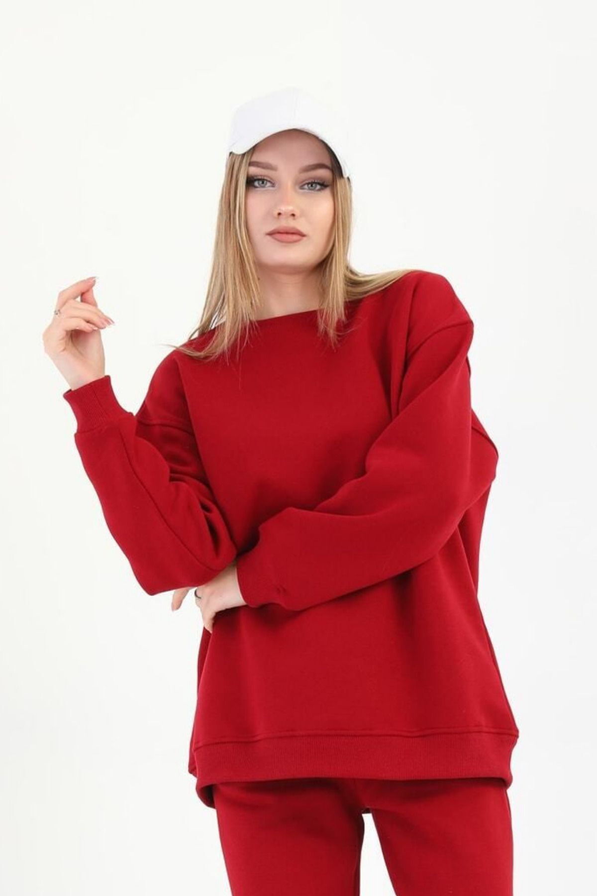 Kadın 3 İ̇plik Bisiklet Yaka Uzun Kollu Sweatshirt - Kırmızı - 3