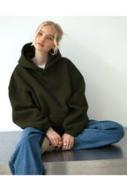 Oversize Kapşonlu Basic Baskısız Okul Sweatshirt - Koyu Yeşil - 3
