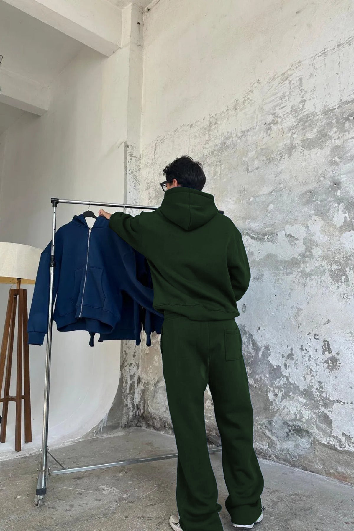 Erkek Bol Kalıp Kapşonlu Eşofman Takımı - Koyu Yeşil - 2