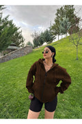 Kahverengi Kadın Düz Fermuarlı Oversize Hırka Sweatshirt - Kahverengi - 1