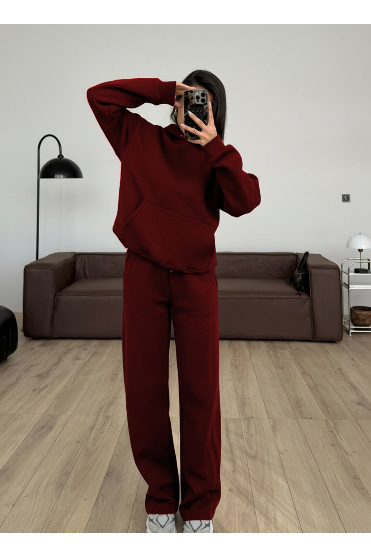 Kadın Boyfriend 3 İplik Şardonlu Bol Paça Oversize Casual Takım - Bordo - 1